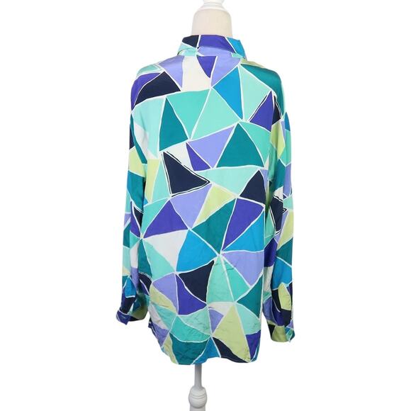 Vintage 90s Diane Von Furstenberg Blue Triangle Geo Silk Blouse Tunic Top L - Picture 4 of 6